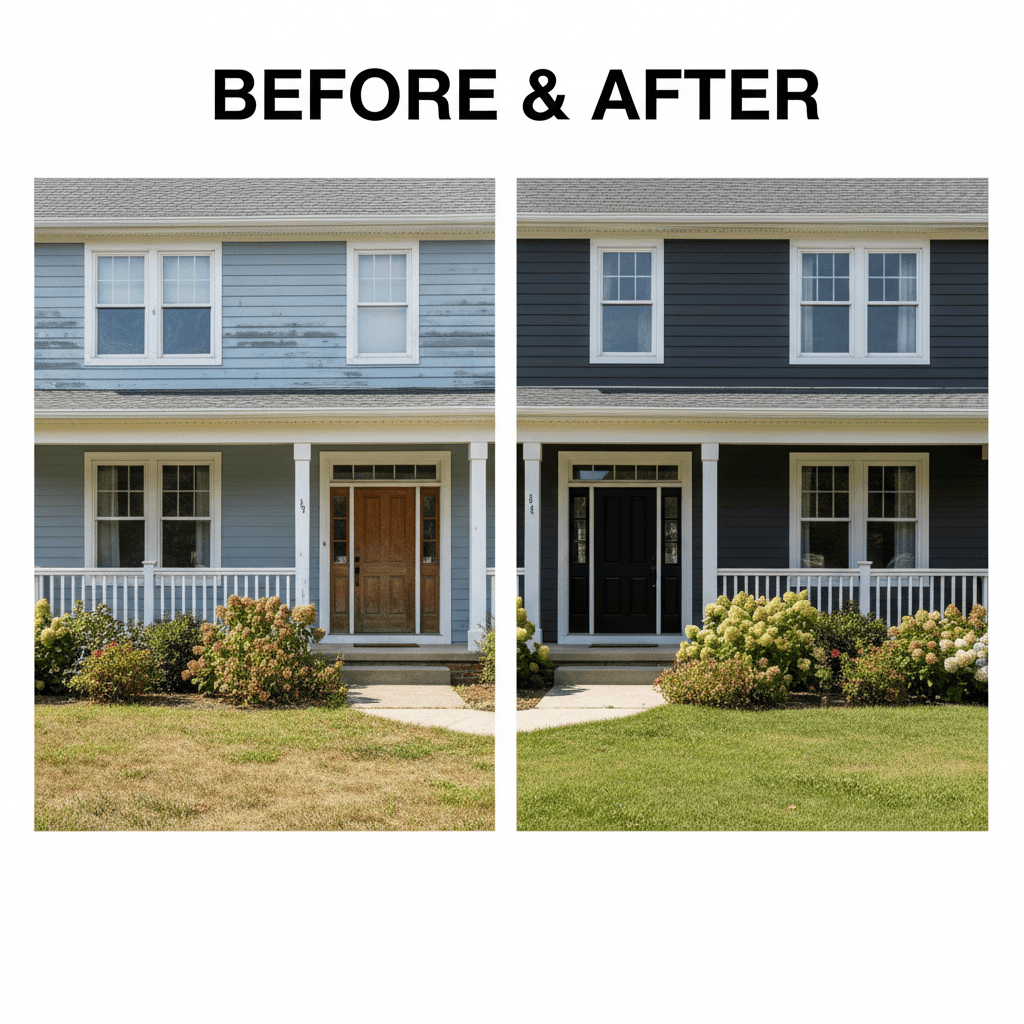 A fresh, bright lifestyle aesthetic wide shot of a residential exterior before-and-after split